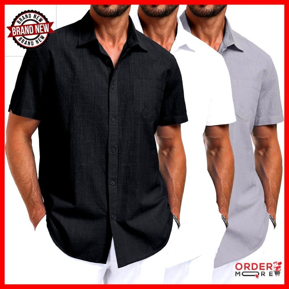 Men's Linen Blend Short Sleeve Button Down Shirt with Chest Pocket